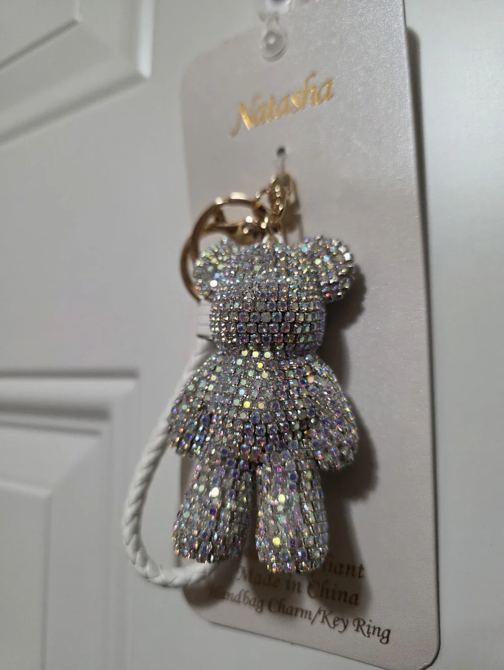 Viral Natasha Sparkling Rhinestones Bear Bag Charm/Key Ring with White Strap - Picture 5 of 6